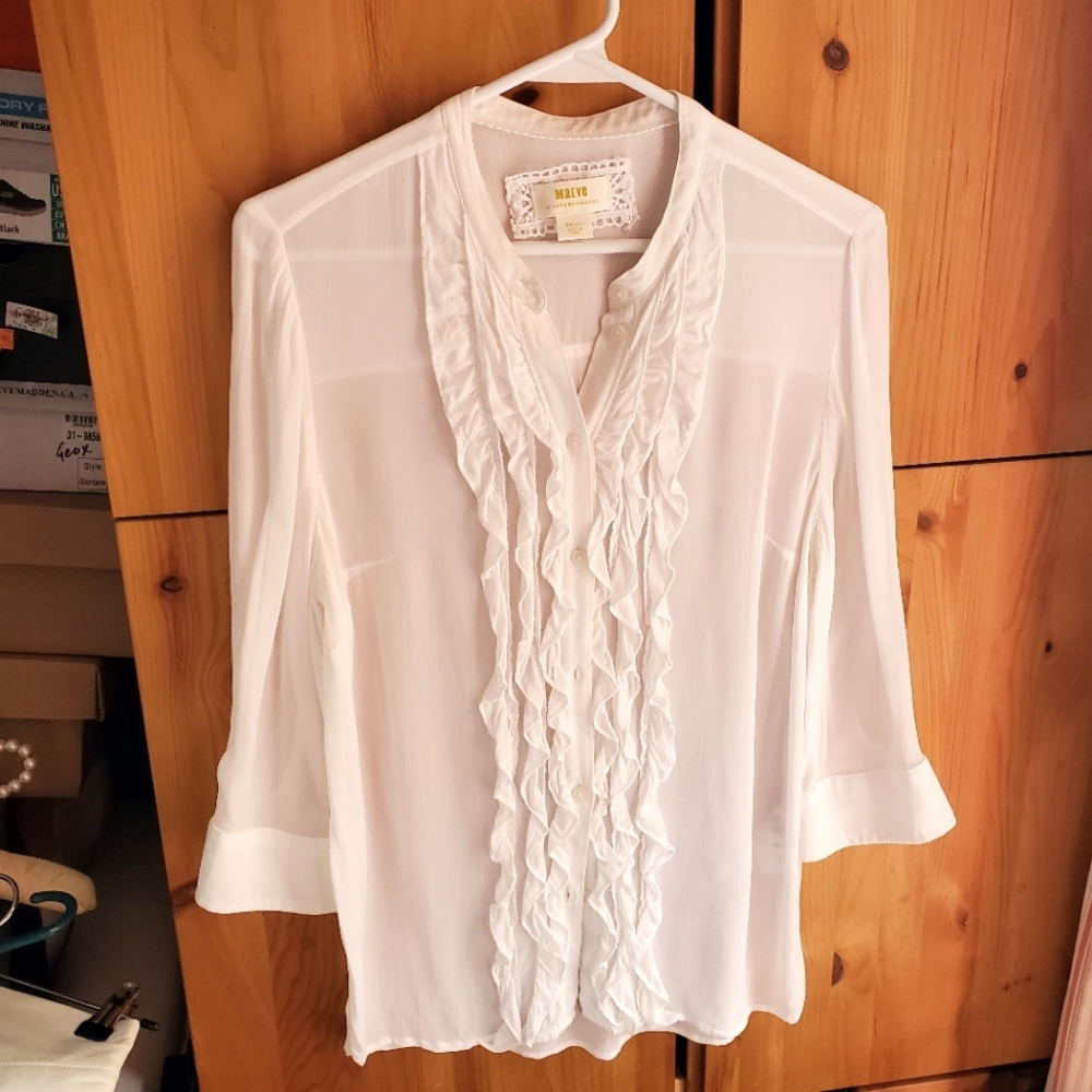Maeve By Anthropologie Cream Ruffle Front Sheer Blouse Size Small